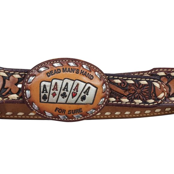 Vintage Western Leather Belt Size Small Dead Mans Hand Buckle & "Barbie" Engravi - Picture 12 of 12